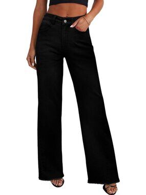 Women's Black Cotton Blend High Waisted Stretchy Trendy Denim Wide Leg Pant